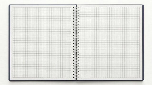 Open notebook with square grid paper and spiral binding on white background