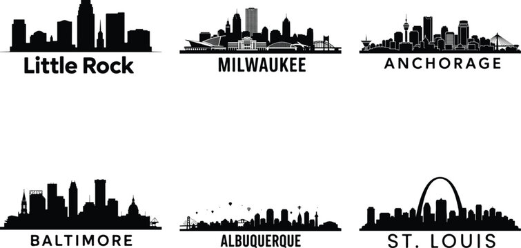 Silhouetted city skylines of six american cities
