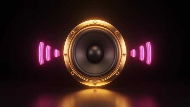 Golden Speaker with Pink Neon Sound Waves on Dark Background audio music