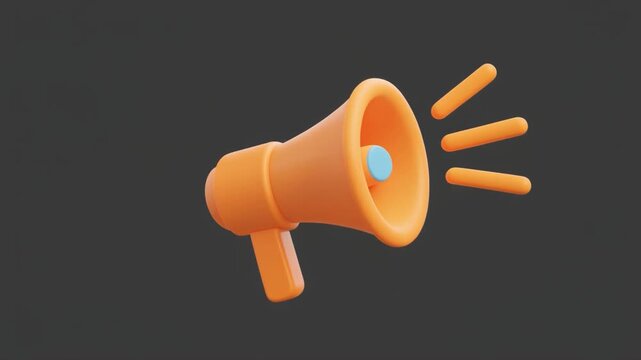 Orange 3D Megaphone Icon with Blue Center and Sound Waves on Gray Background speaker announcement