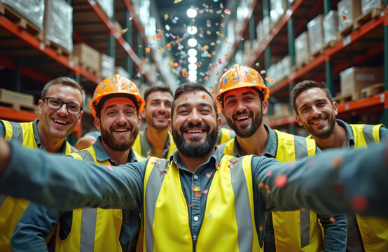 Diverse warehouse workers in safety vests, hard hats celebrate with falling confetti. Men smile, laugh, enjoying camaraderie, success in brightly lit industrial storage facility, capturing moment of