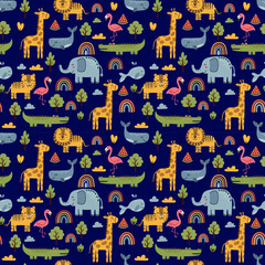 Cute Cartoon Animals Pattern Giraffes, Elephants, Lions, Flamingos, Crocodiles, Tigers, Whales
