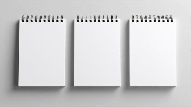 Blank spiral notepads standing upright on neutral background, symbolizing creativity, planning, workspace organization and clean minimalistic design.