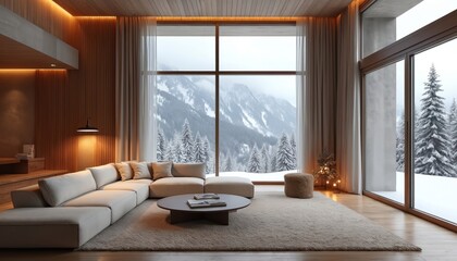 Modern living room interior with big window snowy mountain view. Cozy couch rug wooden paneling. Minimalist design home apartment contemporary design.