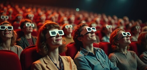 Audience members wear 3D glasses watching movie in dark cinema. People sit in red seats experiencing film. Spectators look forward with smiles on faces.