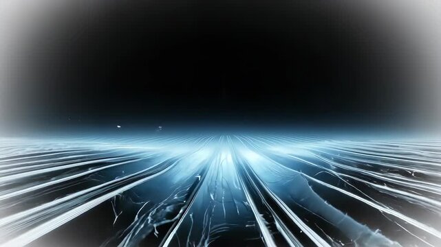 Abstract depiction with converging lines leading to a horizon against a dark sky