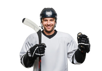 Smiling hockey player with stick and puck in hand, wearing helmet and gloves, sportsman portrait, isolated on transparent background