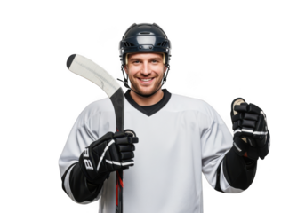 Smiling hockey player with stick and puck in hand, wearing helmet and gloves, sportsman portrait, isolated on transparent background