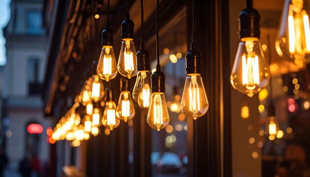 Warm Edison bulbs illuminate a storefront at night