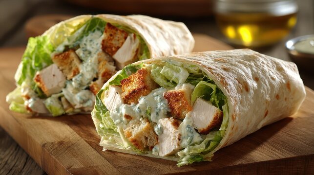 Tortilla-Wrapped Caesar Delight: A Savory Snack of Chicken, Croutons, and Lettuce Enclosed in Flavorful Dressing