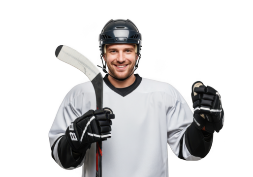Smiling hockey player with stick and puck in hand, wearing helmet and gloves, sportsman portrait, isolated on transparent background