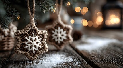 Charming, photorealistic close-up of handcrafted woven rattan Christmas ornaments with white snowflake details, hanging from a real fir tree branch.