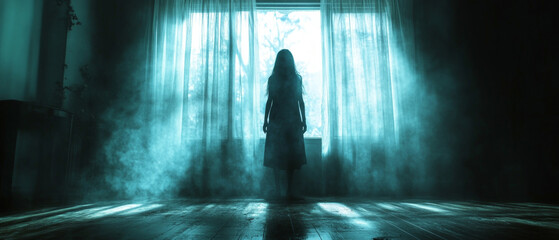 Mystery shrouds the silhouette of a woman at the window in the fog, conveying anxiety and mystery — an excellent visual backdrop for thrillers or mystical stories.