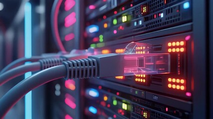 Close-up of Ethernet cables connected to glowing server racks in a data center. - Powered by Adobe