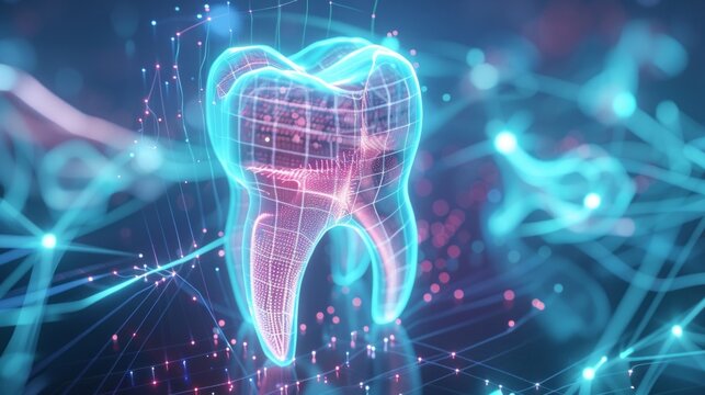 A luminous holographic model of a tooth surrounded by a data grid symbolises innovation in dentistry and serves as a modern backdrop for presentations of medical technologies.