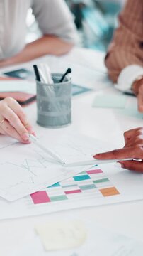 Business, hands or people with paperwork in meeting for campaign oversight, market trends or review. Marketing team, documents or pointing to graphs in office for user behavior or competitor analysis