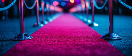A pink carpet lined with rope posts and twinkling lights symbolises glamour and solemnity — a stylish, atmospheric backdrop for invitations to premium events or film festivals.