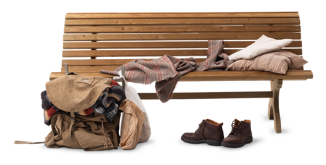Wooden Bench with Homeless Belongings and Backpack on White Background