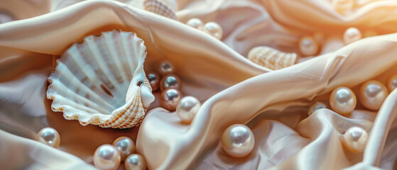 Pearls and seashells are scattered across the pearlescent fabric, creating an atmosphere of luxury and a maritime theme — the perfect decorative backdrop for advertising jewellery or spa salons.