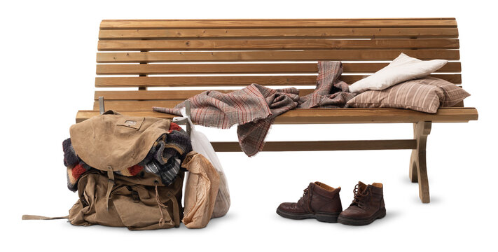 Wooden Bench with Homeless Belongings and Backpack on White Background