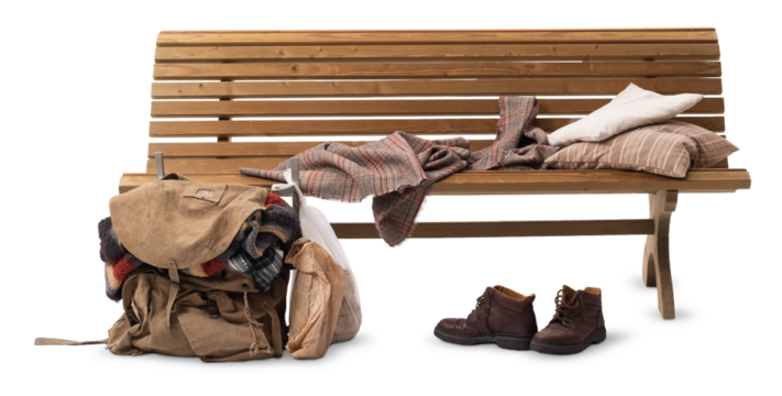 Wooden Bench with Homeless Belongings and Backpack on White Background