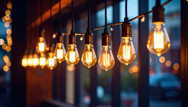 Warm Edison bulbs illuminating a dimly lit space