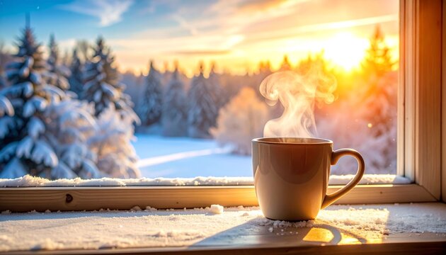 Steaming cup of coffee by snowy window at sunrise