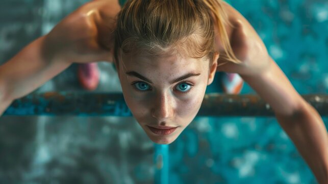 A girl with wet hair rests her hands on the edge of the pool, demonstrating perseverance and sportsmanship, which would be perfect as a dynamic background for advertising fitness or water sports.