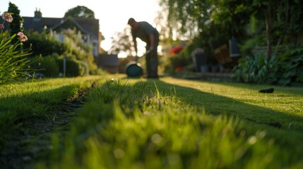 A green lawn with a blurred silhouette of a person gardening at sunset conveys harmony with nature and is suitable for a natural background in advertisements for eco-friendly products.