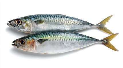 Naklejka premium Pair of Fresh Mackerel Fish Isolated on White Background, Showcasing Silver Scales and Distinctive Features