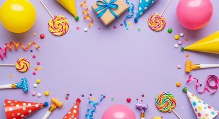 Festive Birthday Celebration Arrangement Vibrant Party Decor and Cheerful Gift Flat Lay with Confetti Balloons and Colorful Elements for Joyful Occasions Background 180