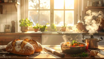 Freshly baked bread and steaming pot on kitchen counter
