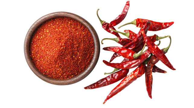 Bowl of red chili powder and dried red chili peppers isolated on transparent background