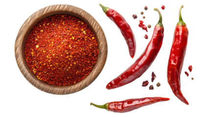 Red chili flakes in a wooden bowl with whole chili peppers isolated on transparent background