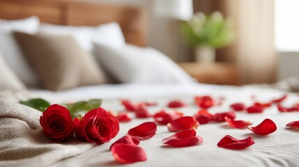 Fresh red roses and scattered petals create a romantic atmosphere on a comfortable bed. The gentle lighting enhances the warmth, inviting moments of love and intimacy