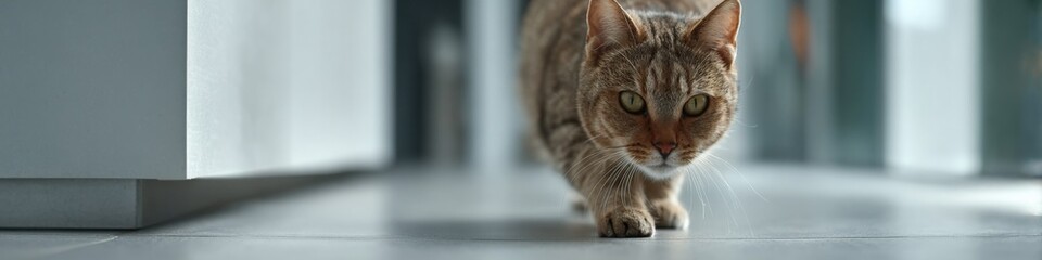 Fototapeta premium Determined tabby cat prowling indoors on smooth floor