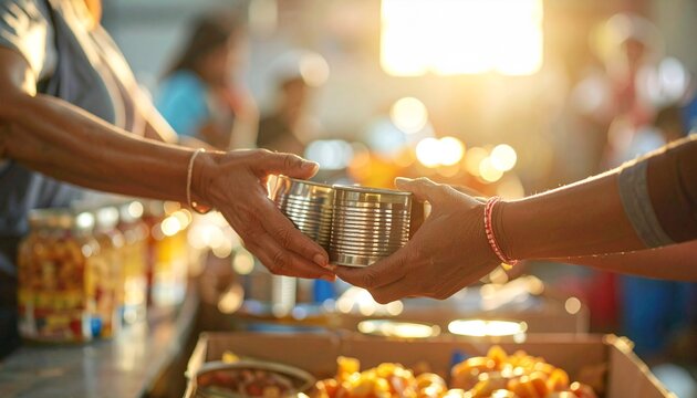 Hands exchanging canned food at a market