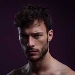 Fototapeta premium Young caucasian male with dark hair and beard against dark background