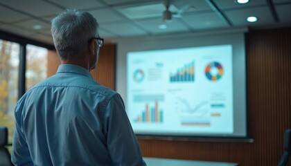 Older man in suit presents charts on screen for business meeting. Analyst reviews data, graphs, pie chart. Office presentation shows financial metrics, strategy development.