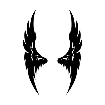 Pair of dark, stylized black silhouette wings with sharp edges, symbolizing freedom, power, flight, or fallen angel concept, isolated tattoo design on white.
