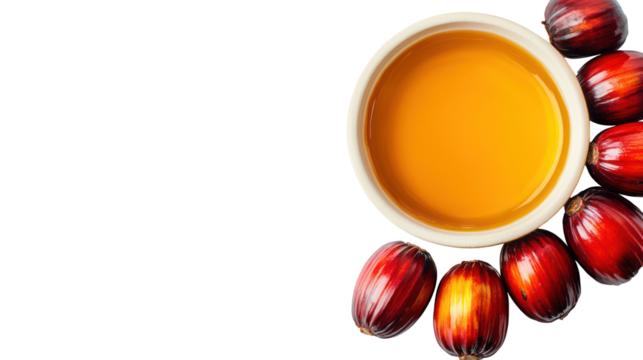 Palm oil and palm fruits in a bowl isolated on transparent background