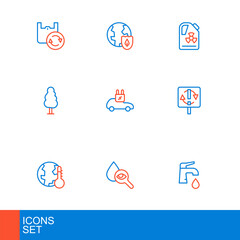 Set line Water tap, Drop and magnifying glass, Earth melting to global warming, Recycle symbol, Tree, Electric car, Radioactive waste barrel and with shield icon. Vector