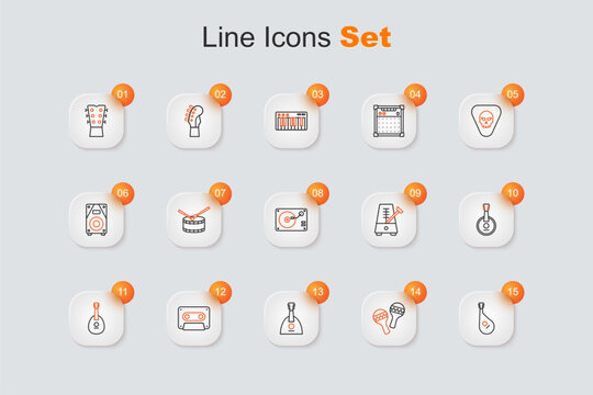 Set line Bandura, Maracas, Balalaika, Retro audio cassette tape, Mandolin, Banjo, Metronome with pendulum and Vinyl player vinyl disk icon. Vector