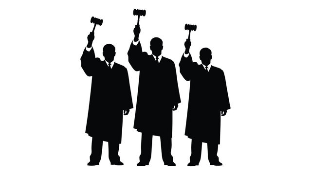 Three judges with gavels silhouette isolated on white background, Vector