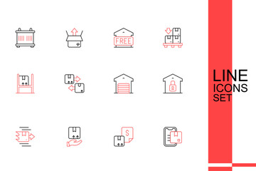 Set line Document tracking marker, Waybill, Delivery hand with box, Carton cardboard, Closed warehouse, Warehouse, Cardboard traffic symbol and interior boxes icon. Vector