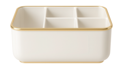 A stylish porcelain divided container with gold accents for organizing bathroom supplies.