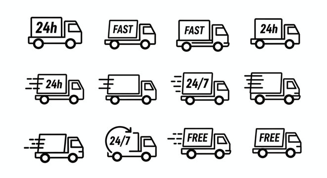 Set of line icons representing fast, 24h, 247, and free delivery truck service