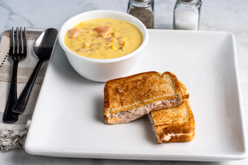 chicken corn chowder served  with tuna melt sandwich
