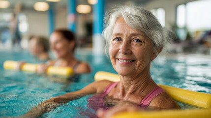 Senior woman smiling while doing water aerobics in a pool