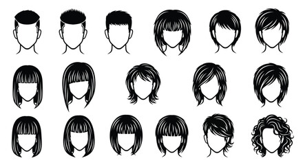 Set of various hairstyles for men and women. monochrome vector icons featuring different haircuts and face shapes. isolated on white background, Vector, illustration